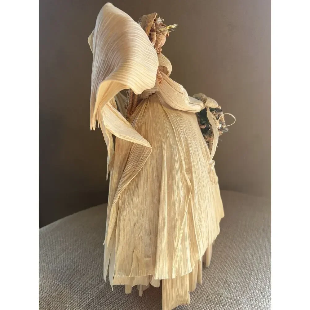 Large Corn Husk Angel with Floral Bouquet--Wedding?--American Folk Art